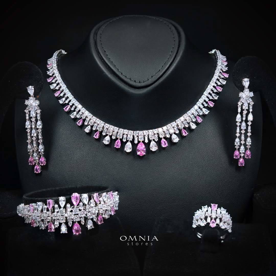 Omnia Nisrine Pink Bridal Full Set in High Quality Zircon Stone Premium Rhodium Plated