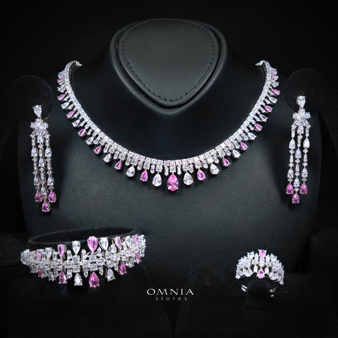 Omnia Nisrine Pink Bridal Full Set in High Quality Zircon Stone Premium Rhodium Plated - OMNIASTORES UAE
