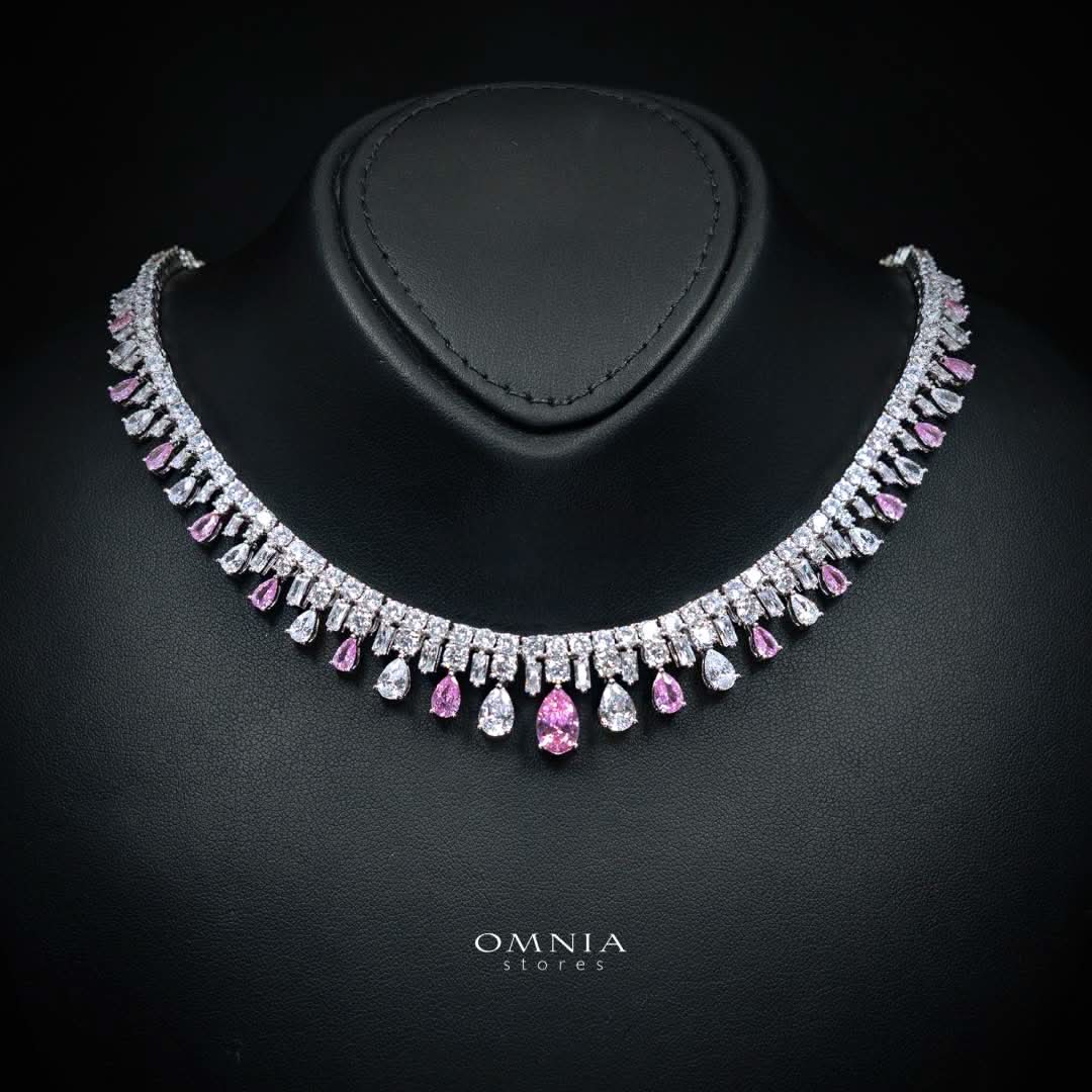 Omnia Nisrine Pink Bridal Full Set in High Quality Zircon Stone Premium Rhodium Plated