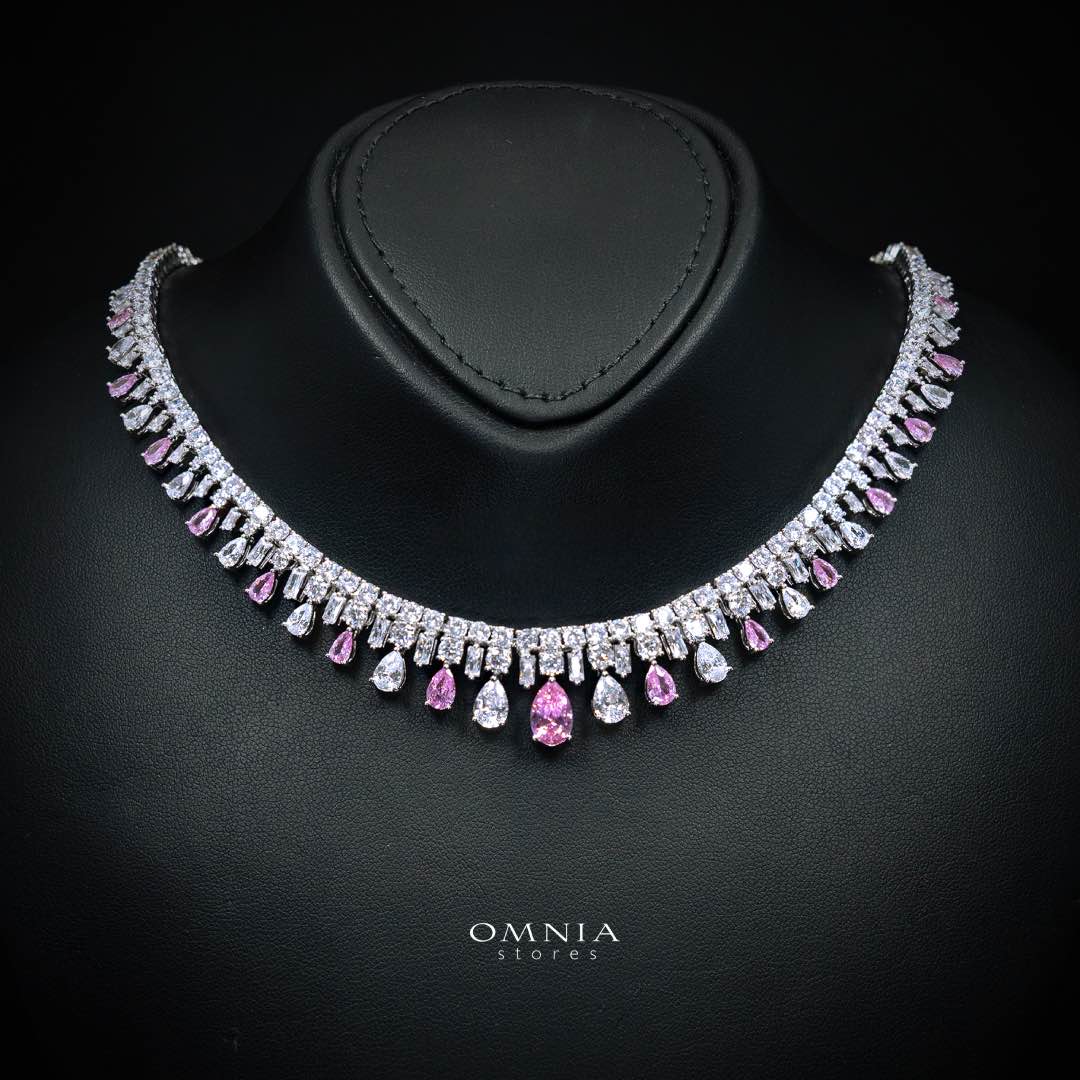 Omnia Nisrine Pink Bridal Full Set in High Quality Zircon Stone Premium Rhodium Plated - OMNIASTORES UAE