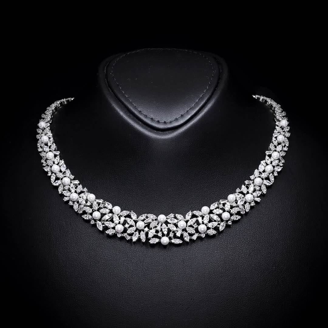 Omnia Fadwa Luxury Bridal Set – Pearl & Zircon Statement Jewelry Rhodium Plated