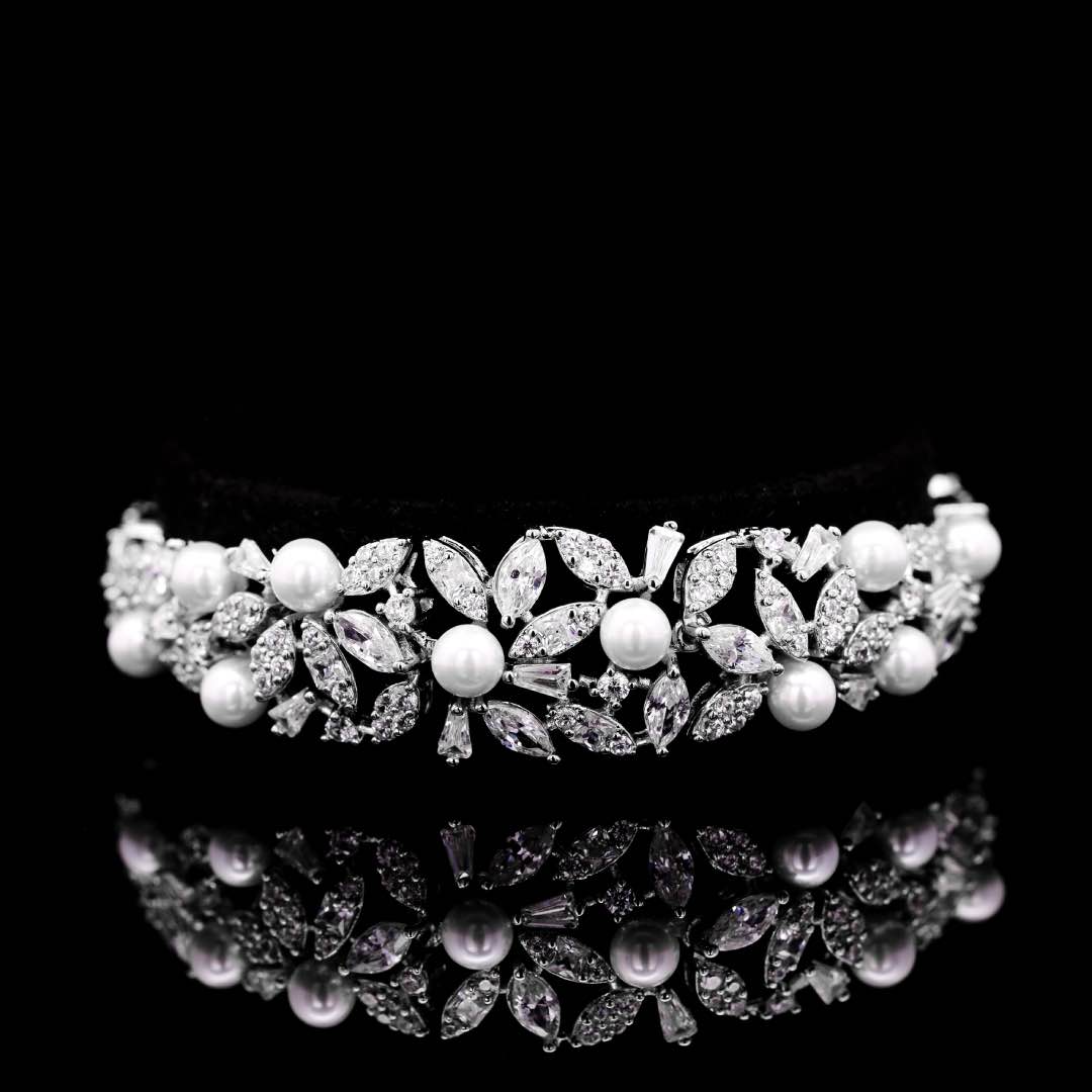 Omnia Fadwa Luxury Bridal Set – Pearl & Zircon Statement Jewelry Rhodium Plated