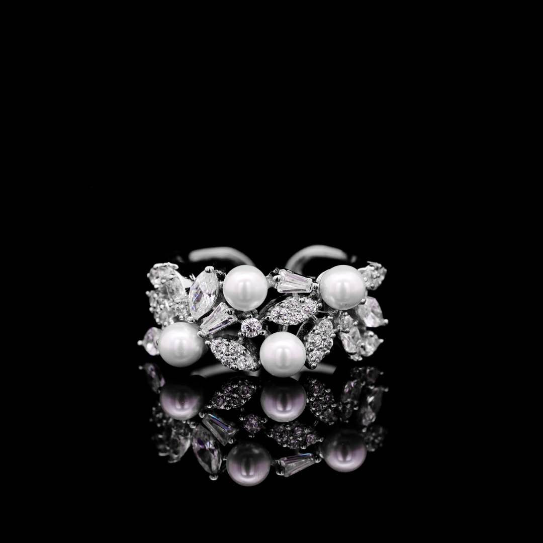Omnia Fadwa Luxury Bridal Set – Pearl & Zircon Statement Jewelry Rhodium Plated