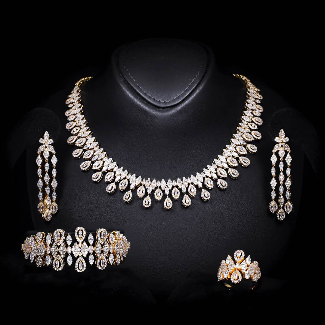 Omnia Sofia Golden Luxury Bridal Full Set in High Quality Zircon Stone Premium Rhodium Plated