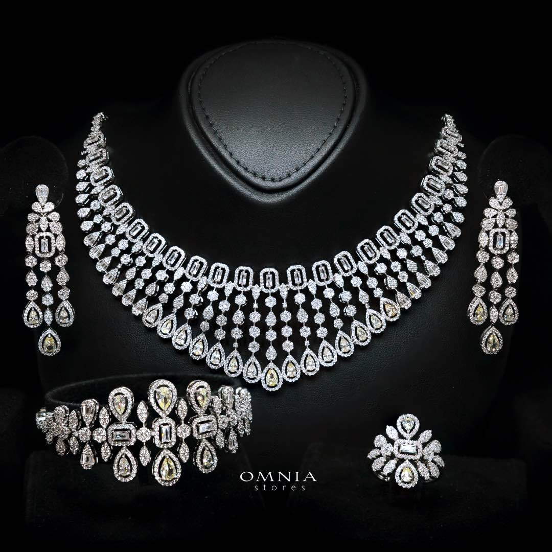 Omnia Latifa Yellow Bridal Full Set with Emerald Cut and Teardrop Stones in High Quality Zircon Stone in Rhodium Plated