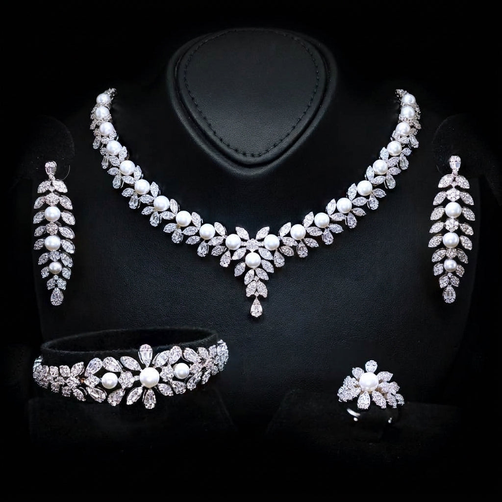 Omnia Laurah Luxury Bridal Full Set – Pearl & High Quality Zircon Stone Premium Rhodium Plated - OMNIASTORES UAE