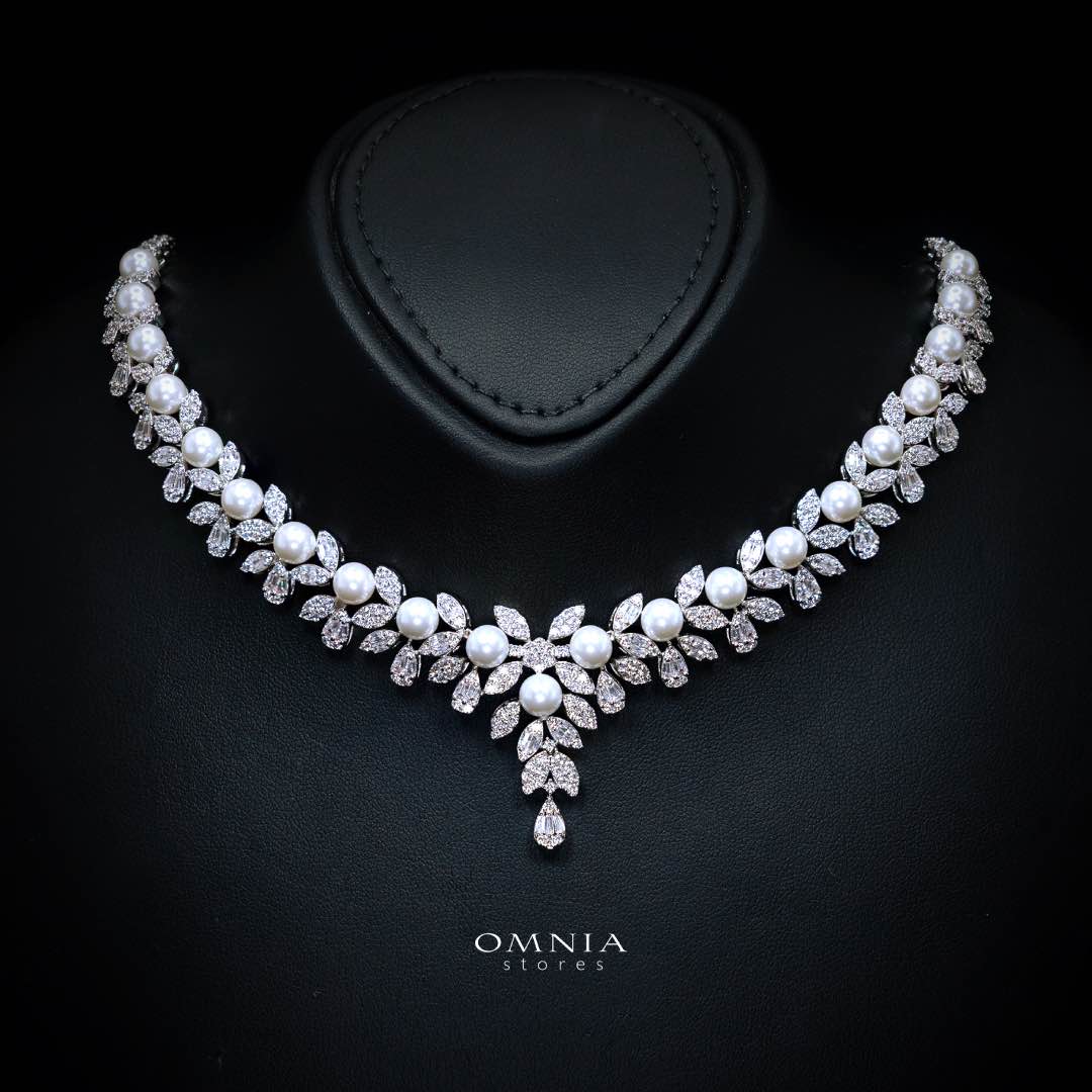 Omnia Laurah Luxury Bridal Full Set – Pearl & High Quality Zircon Stone Premium Rhodium Plated