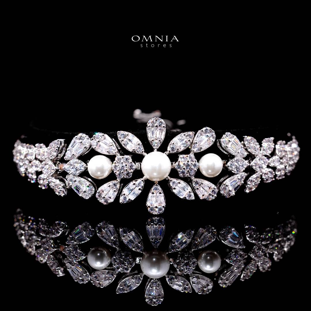 طقم مجوهرات الزفاف الكامل Omnia Laurah Luxury - مجوهرات اللؤلؤ والزركون (مطلي بالروديوم)