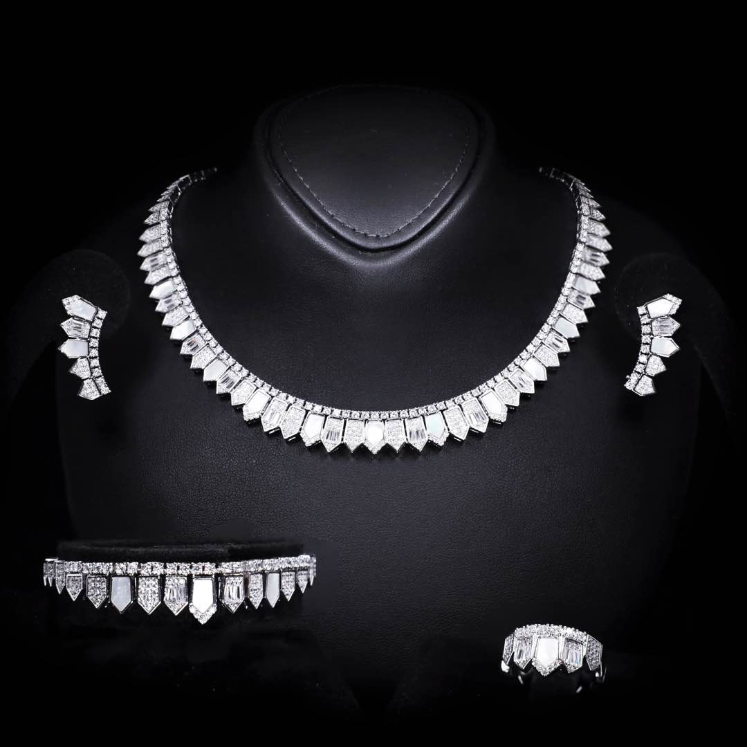 Omnia Shareefa White Luxury Bridal Full Set Accessories in High Quality Zircon Stone Premium Rhodium Plated