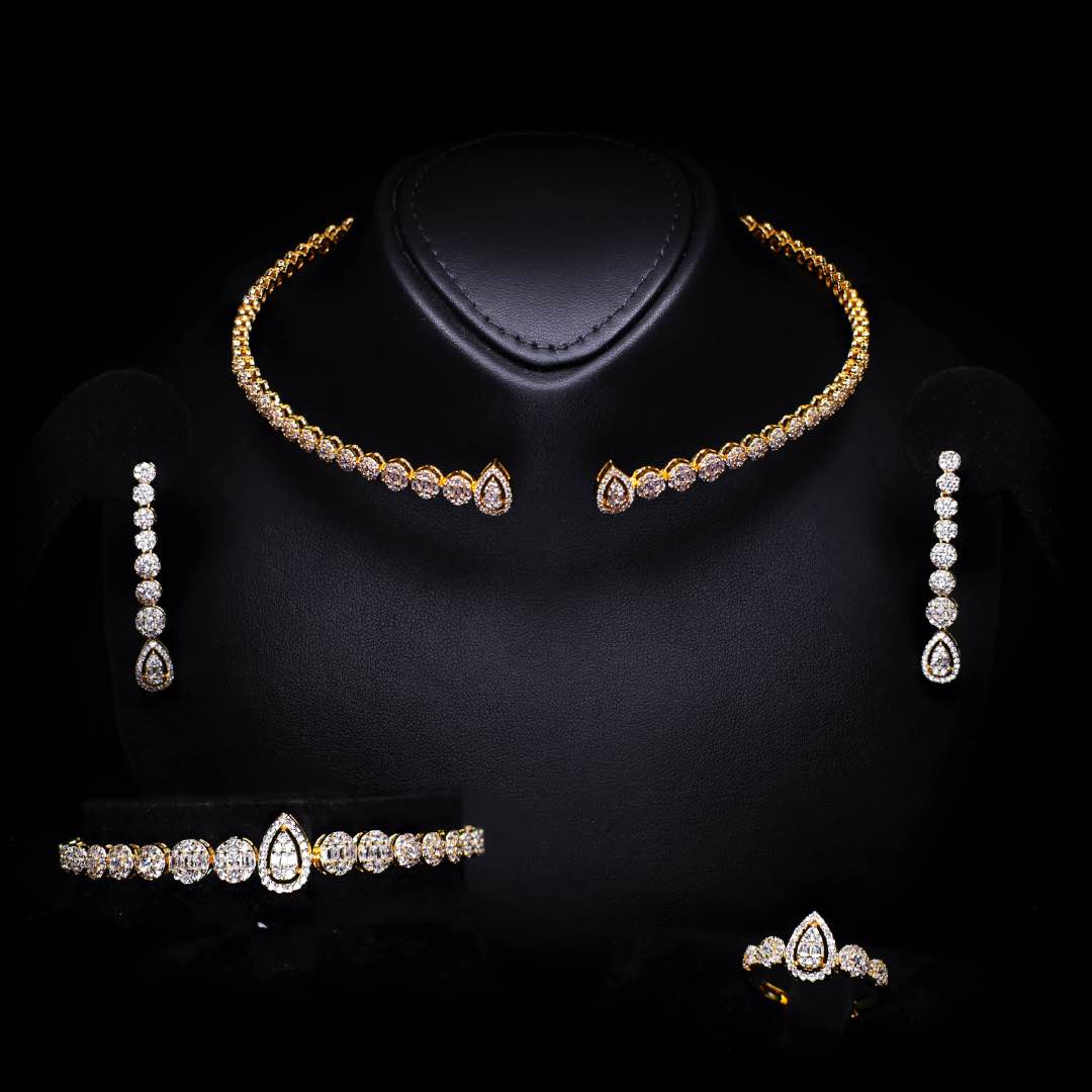 Omnia Mila Luxury Golden Choker Bridal Full Set in High Quality Zircon Stone Rhodium Plated