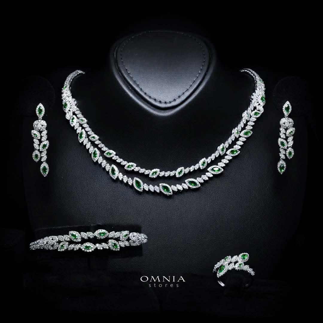 Omnia Nada Green Bridal Full Set Accessories in High Quality Zircon Stone Premium Rhodium Plated