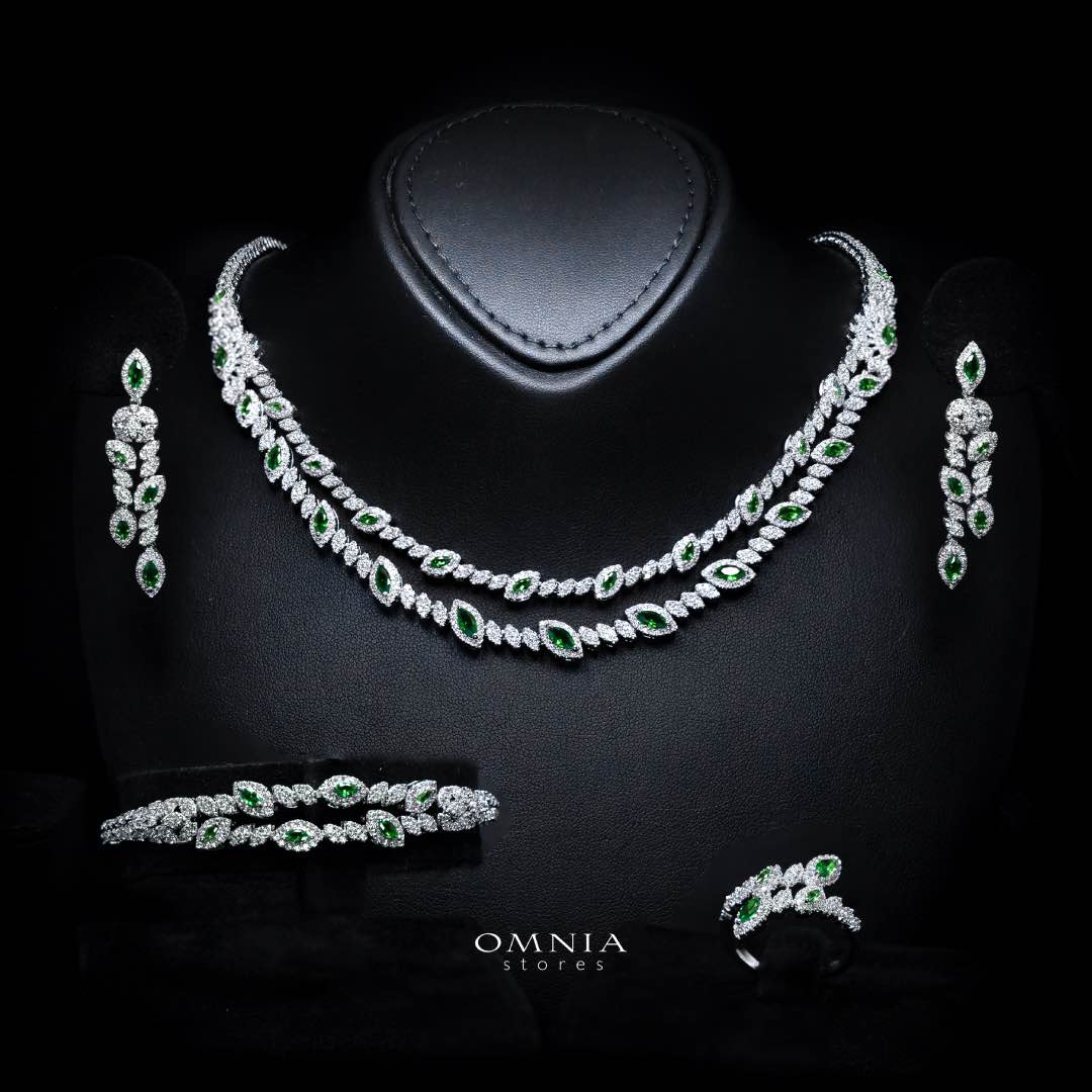 Omnia Nada Green Bridal Full Set Accessories in High Quality Zircon Stone Premium Rhodium Plated - OMNIASTORES UAE