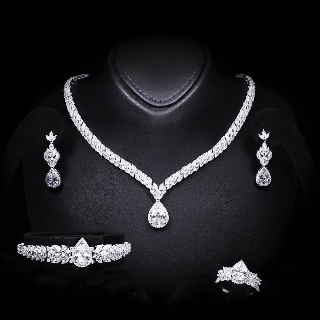 Omnia Aamira Teardrop-Design Bridal Crystal White Full Set with High Quality Zircon Stone Premium Rhodium Plated - OMNIASTORES UAE