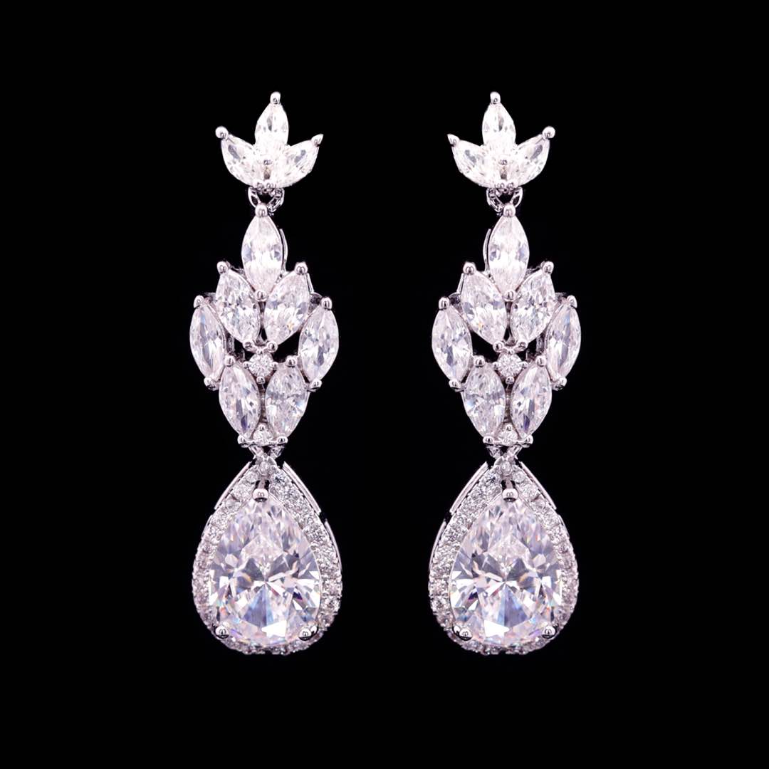 Omnia Aamira Teardrop-Design Bridal Crystal White Full Set with High Quality Zircon Stone Premium Rhodium Plated