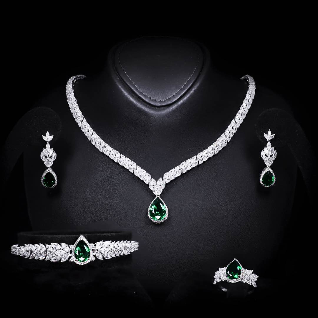 Omnia Aamira Teardrop-Design Bridal Crystal Emerald Green Full Set with High Quality Zircon Stone Premium Rhodium Plated