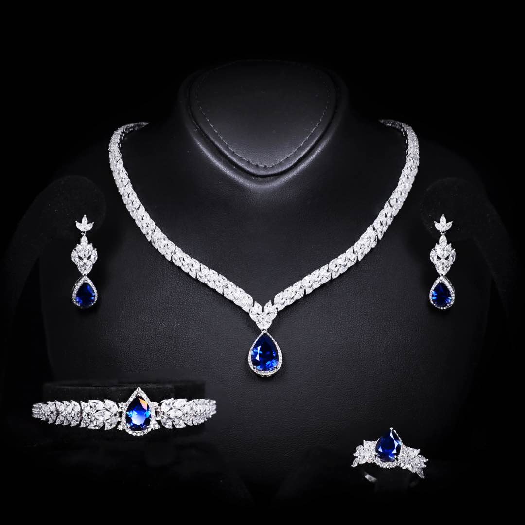 Omnia Aamira Teardrop-Design Bridal Navy Blue Full Set with High Quality Zircon Stone Premium Rhodium Plated - OMNIASTORES UAE