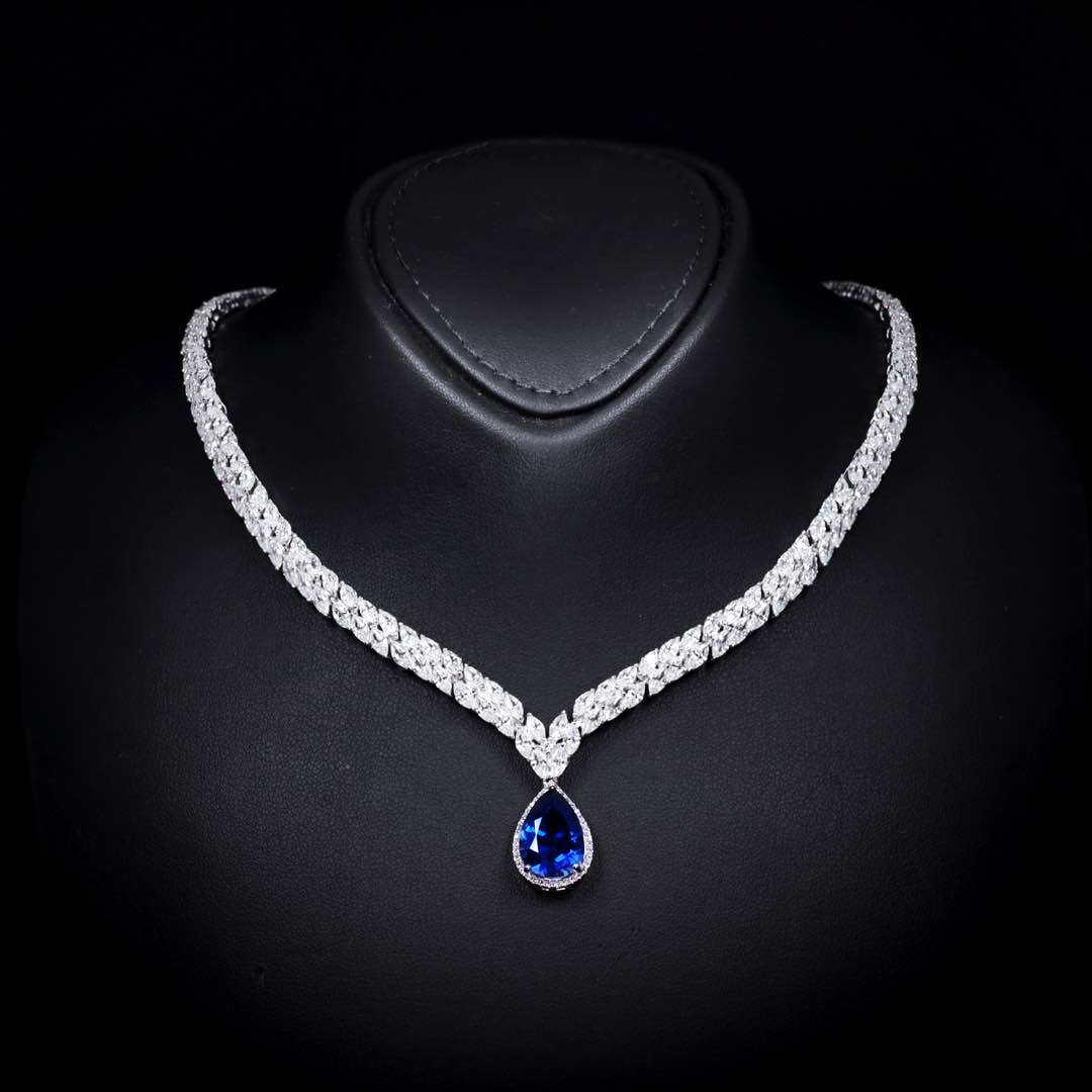Omnia Aamira Teardrop-Design Bridal Navy Blue Full Set with High Quality Zircon Stone Premium Rhodium Plated - OMNIASTORES UAE