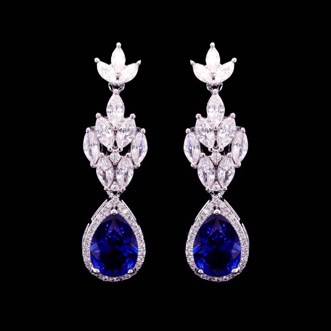 Omnia Aamira Teardrop-Design Bridal Navy Blue Full Set with High Quality Zircon Stone Premium Rhodium Plated - OMNIASTORES UAE