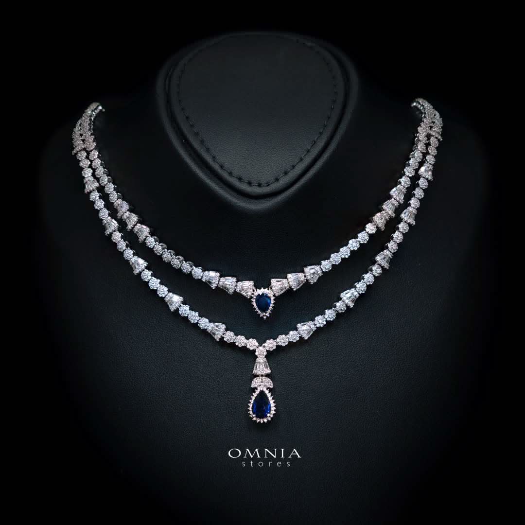 Omnia Ethereal Blue Drop-Down Pear Shape Full Set in High Quality Zircon Stone Premium Rhodium Plated