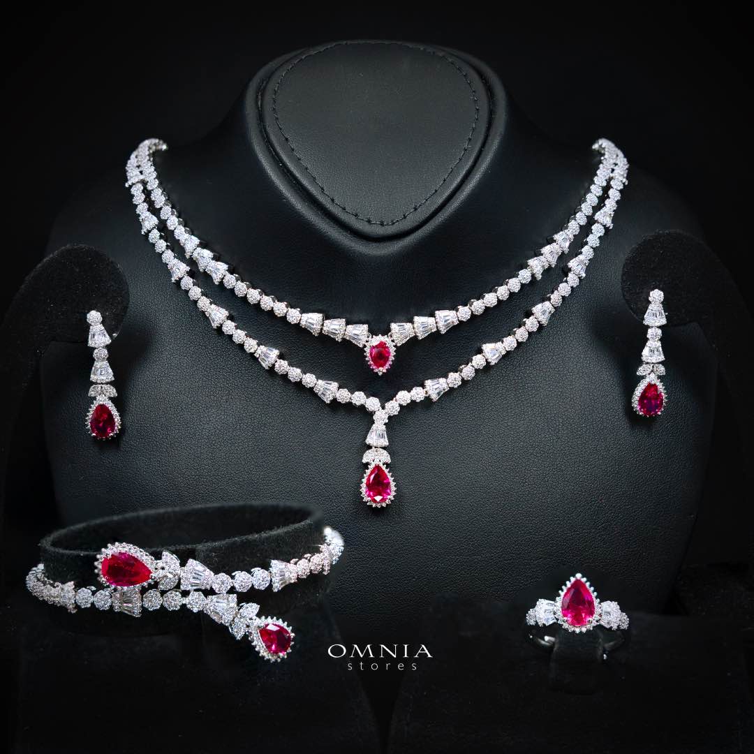 Omnia Ethereal Red Drop Luxury Bridal Full Set in High Quality Rhodium Plated Zircon Stones