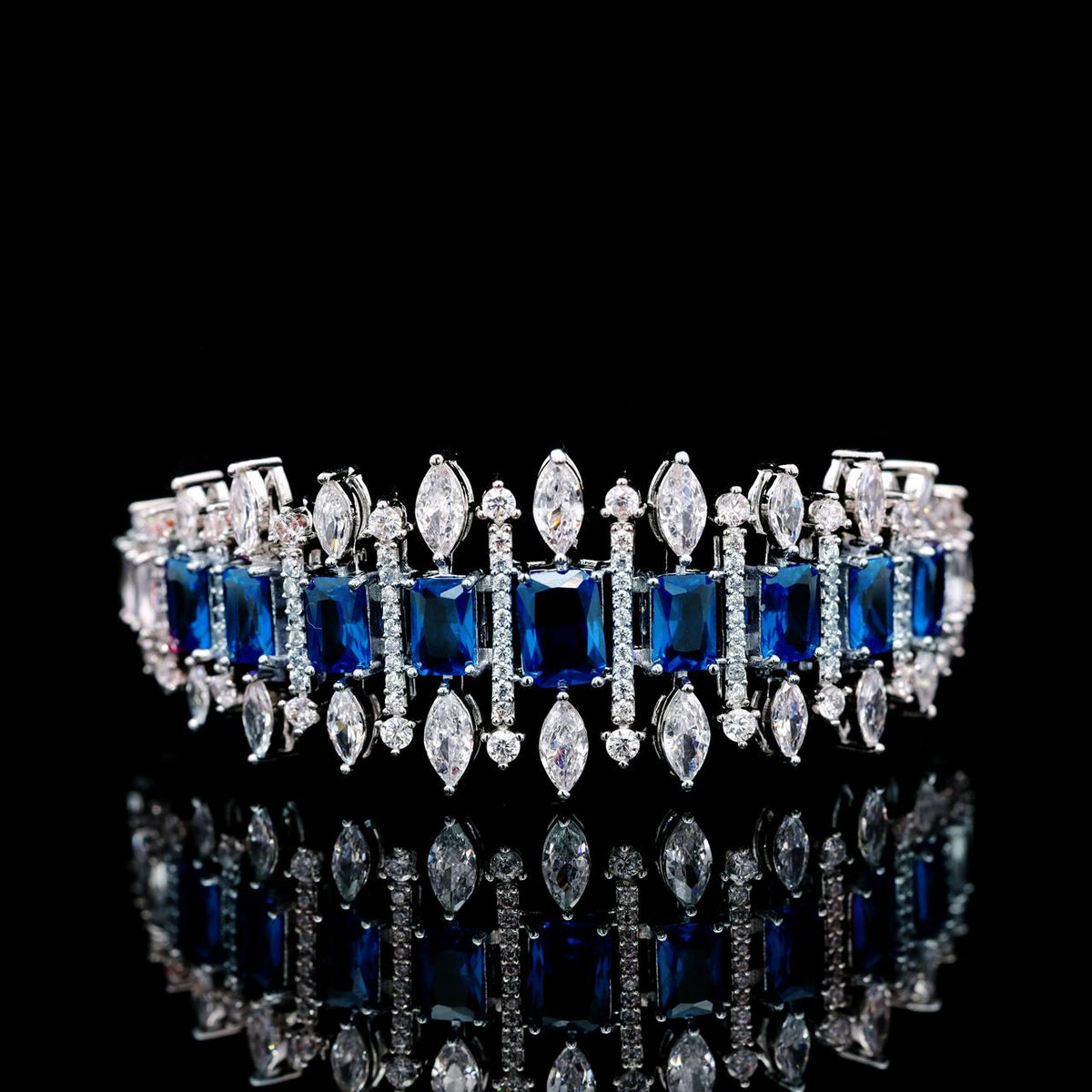 Aimee Blue Luxury Bridal Bracelet with High-Quality Zircon Stones, Rhodium-Plated