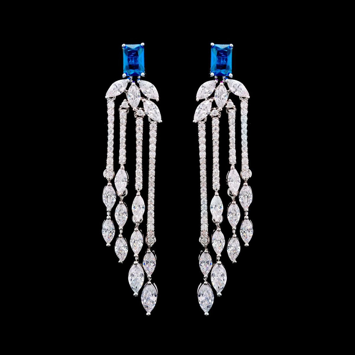 Aimee Blue Luxury Bridal Earring with High-Quality Zircon Stones, Rhodium-Plated