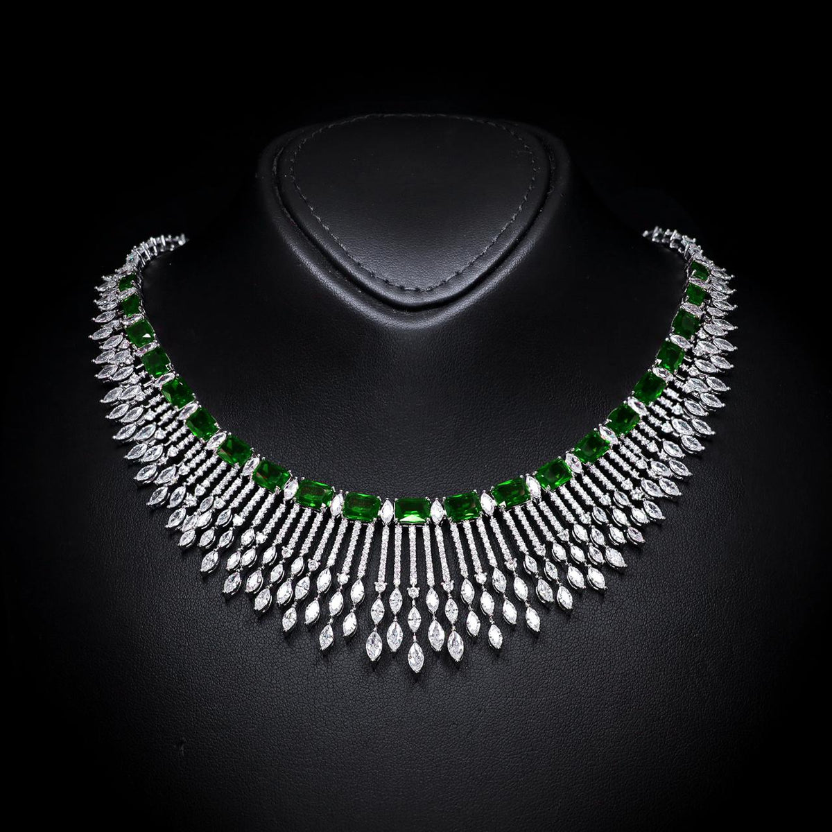 Aimee Green Luxury Bridal Necklace with High-Quality Zircon Stones, Rhodium-Plated