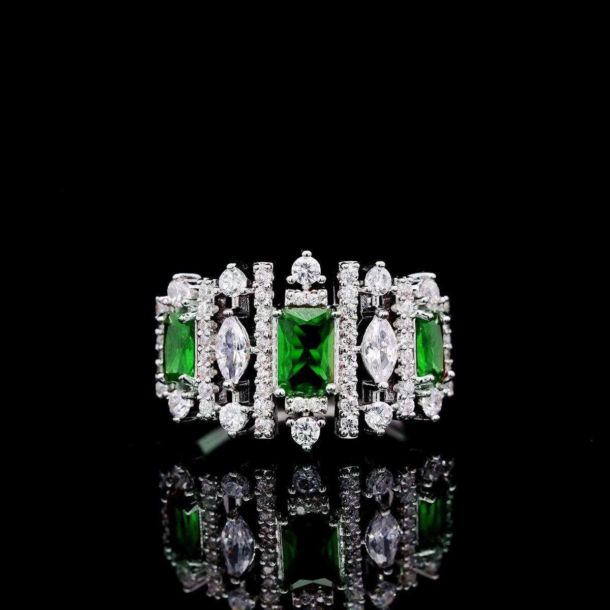 Aimee Green Luxury Bridal Ring with High-Quality Zircon Stones, Rhodium-Plated