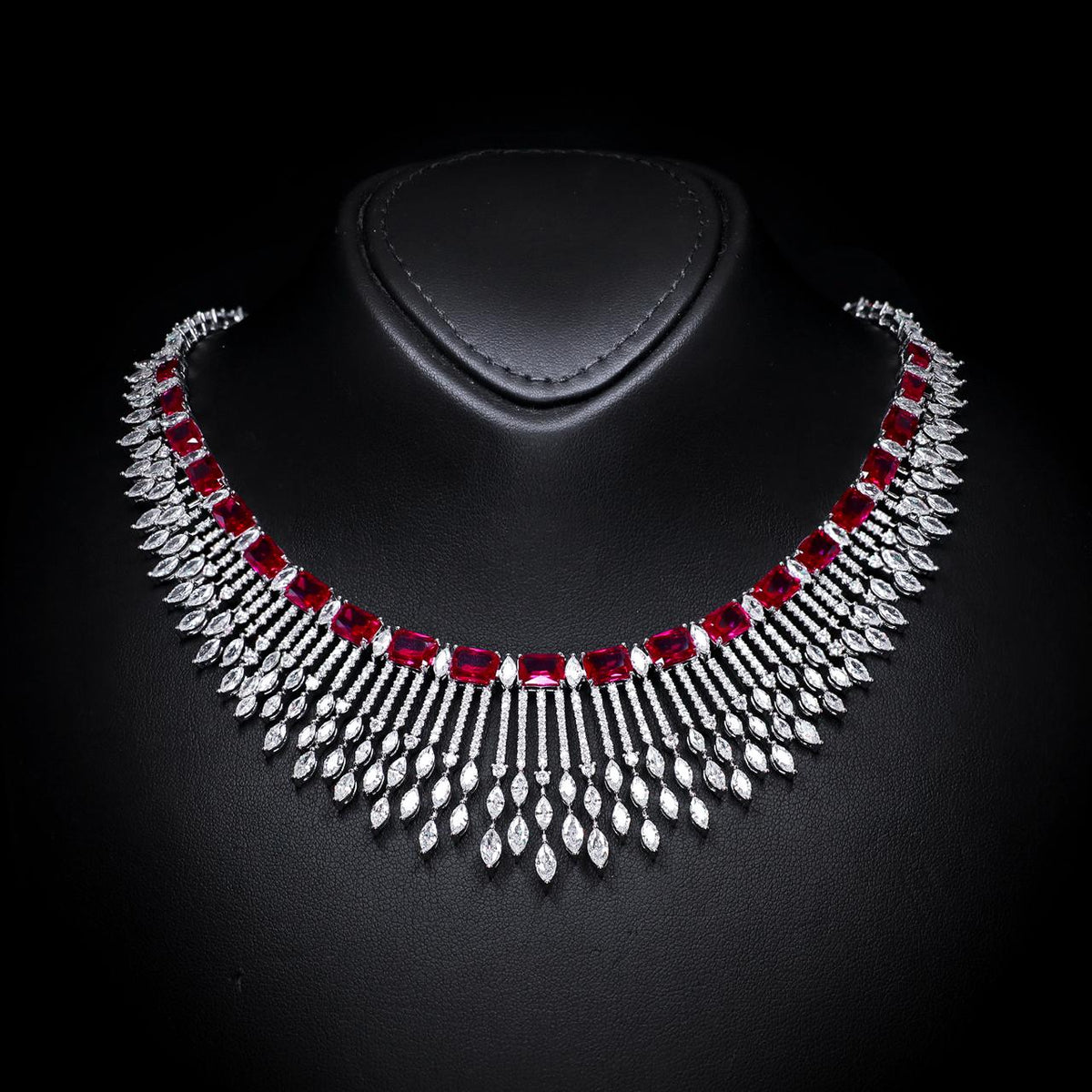 Aimee Red Luxury Bridal Necklace with High-Quality Zircon Stones, Rhodium-Plated