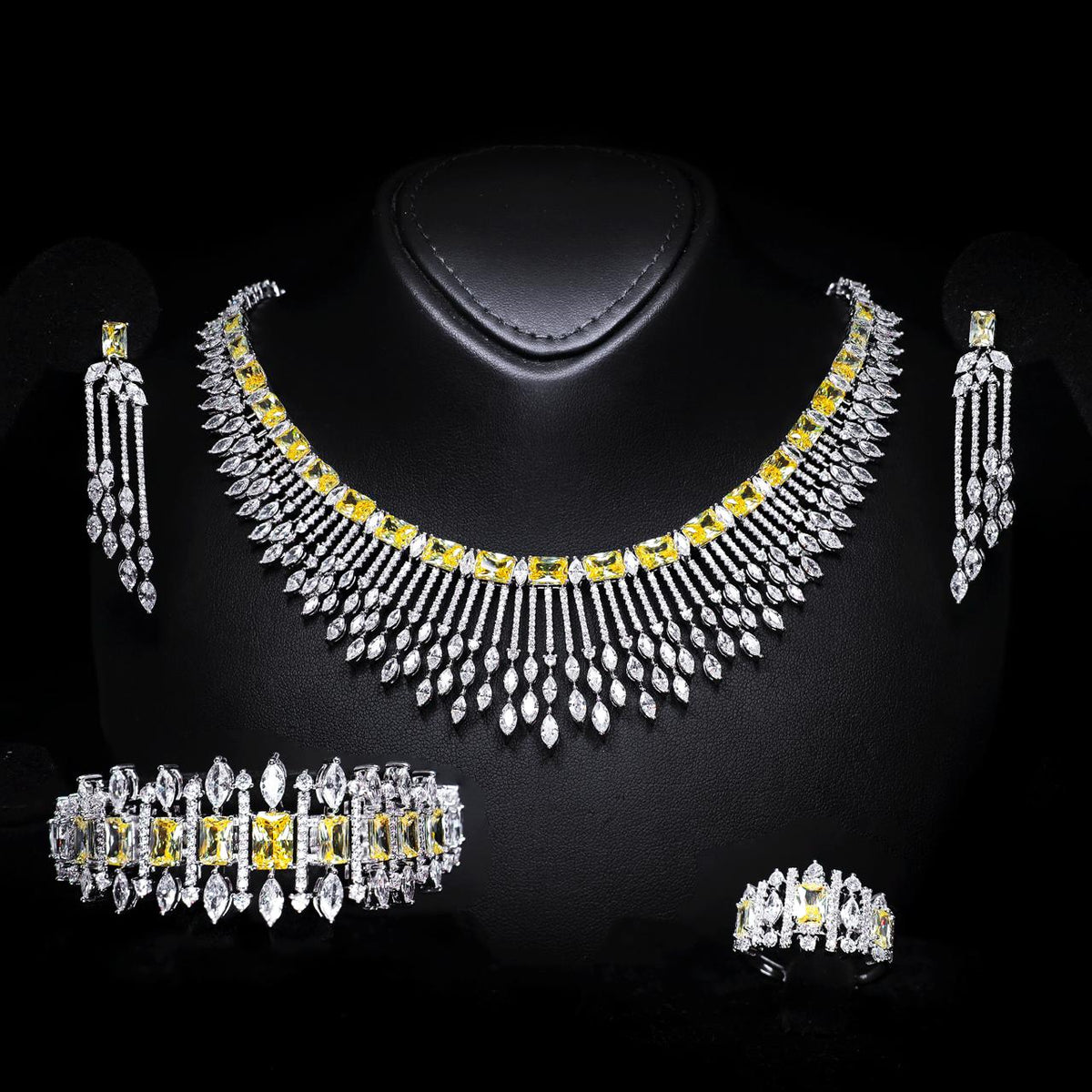 Aimee Yellow Luxury Bridal Full Set with High-Quality Zircon Stones, Rhodium-Plated
