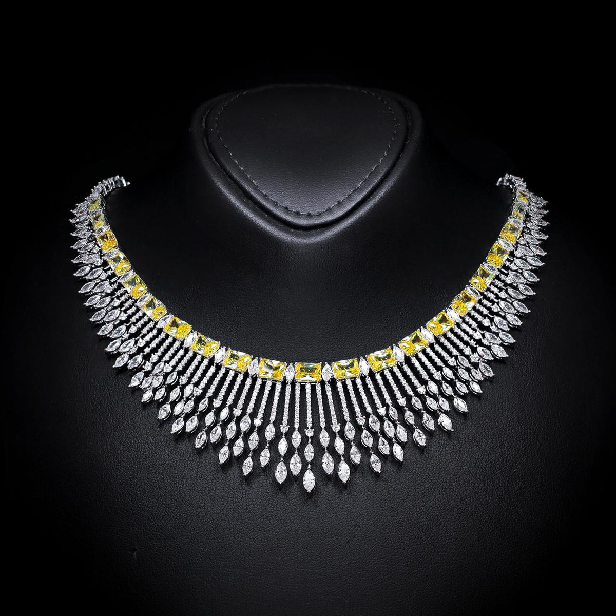 Aimee Yellow Luxury Bridal Necklace with High-Quality Zircon Stones, Rhodium-Plated