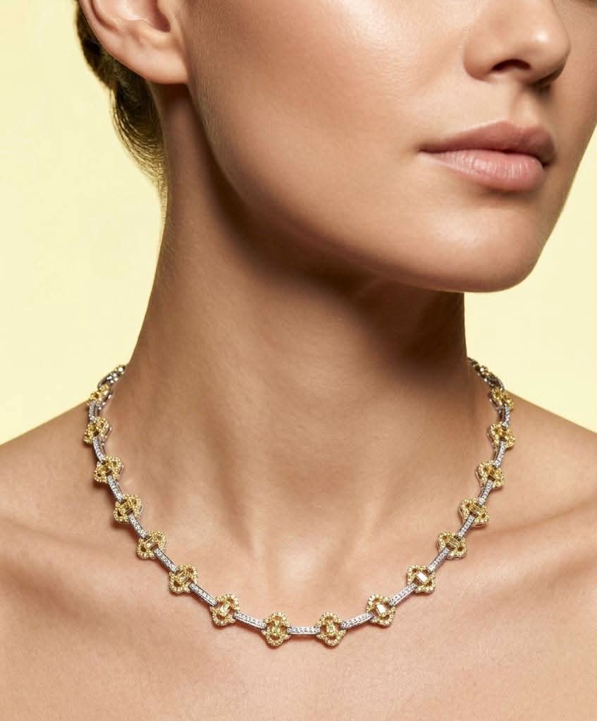 Omnia Amna Gold and White Necklace in 925 Silver High Quality Simulated Diamonds
