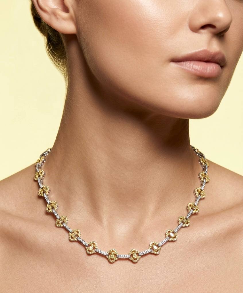 Omnia Amna Gold and White Necklace in 925 Silver High Quality Simulated Diamonds - OMNIASTORES UAE