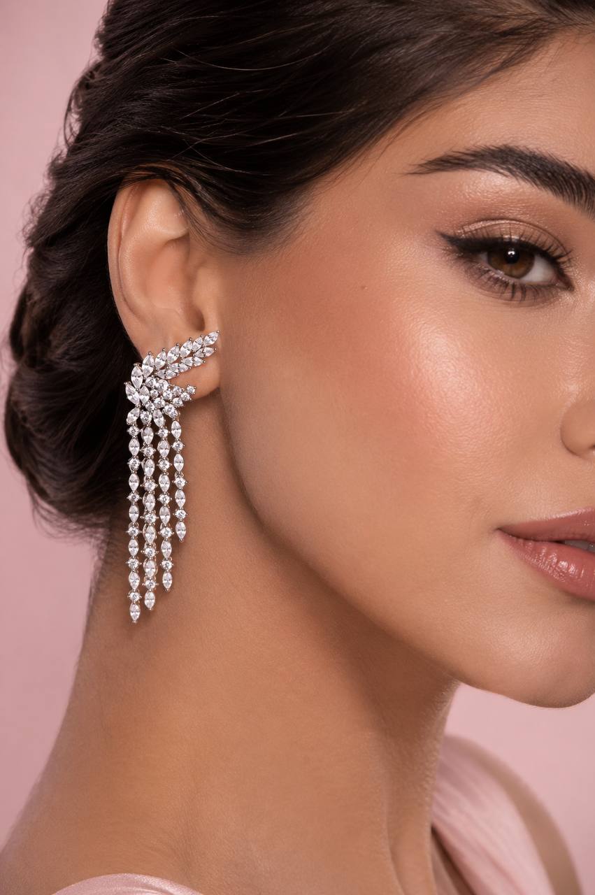 Omnia Aurora Winged Cascade Earrings in 925 Silver with Marquise and Baguette-Cut High-Quality Simulated Diamonds - OMNIASTORES UAE