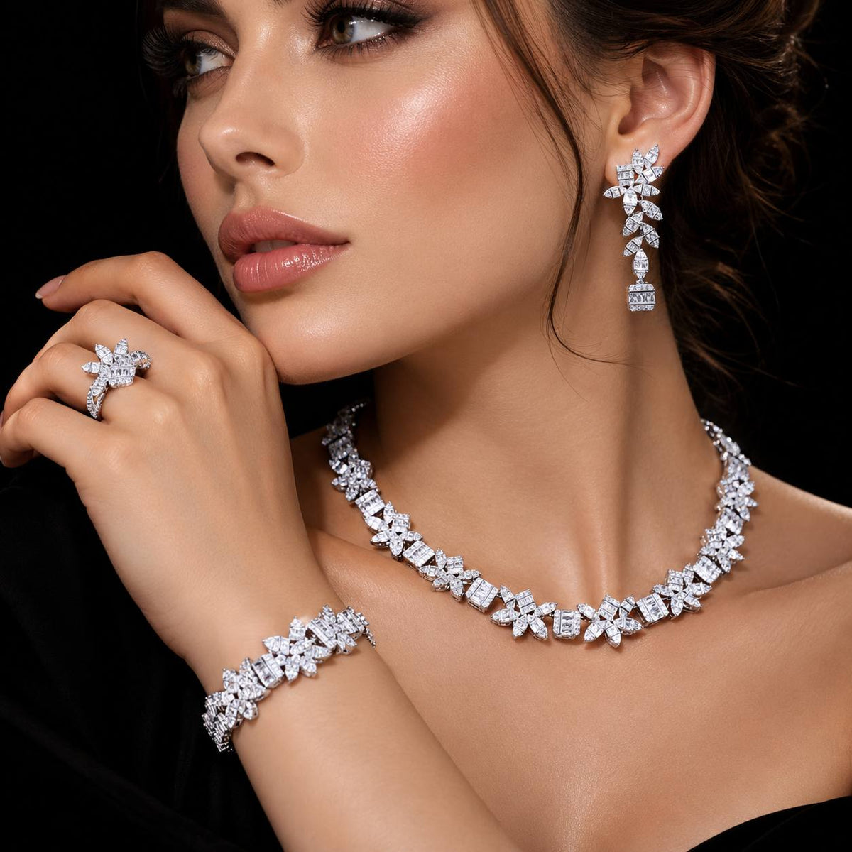 Ayanah White Luxury Bridal Full Set | 925 Sterling Silver with High-Quality Simulated Diamonds on model