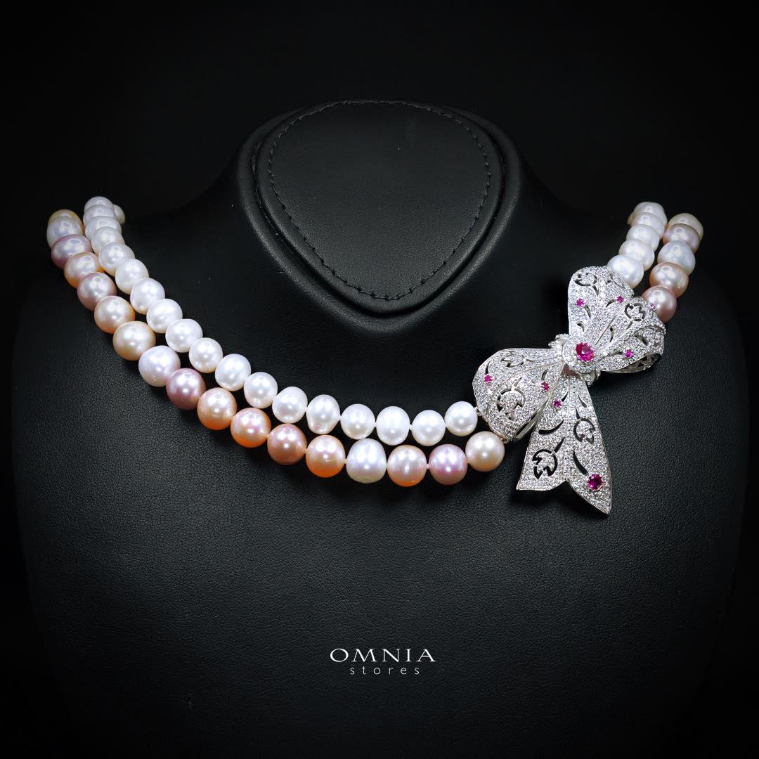 Omnia Arleth Multi-Color Real Pearl Set with Bow Accent and High-Quality Simulated Diamonds, Featuring a Double-Strand Design - OMNIASTORES UAE