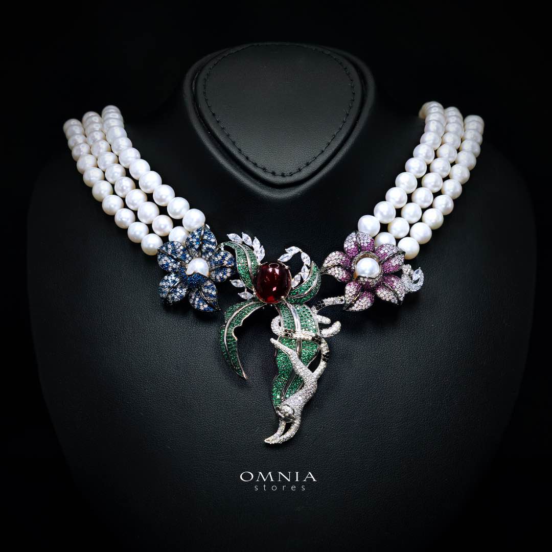 Omnia Nahla Fresh Real Water Pearl Necklace 925 Silver High Quality Simulated Diamonds - OMNIASTORES UAE