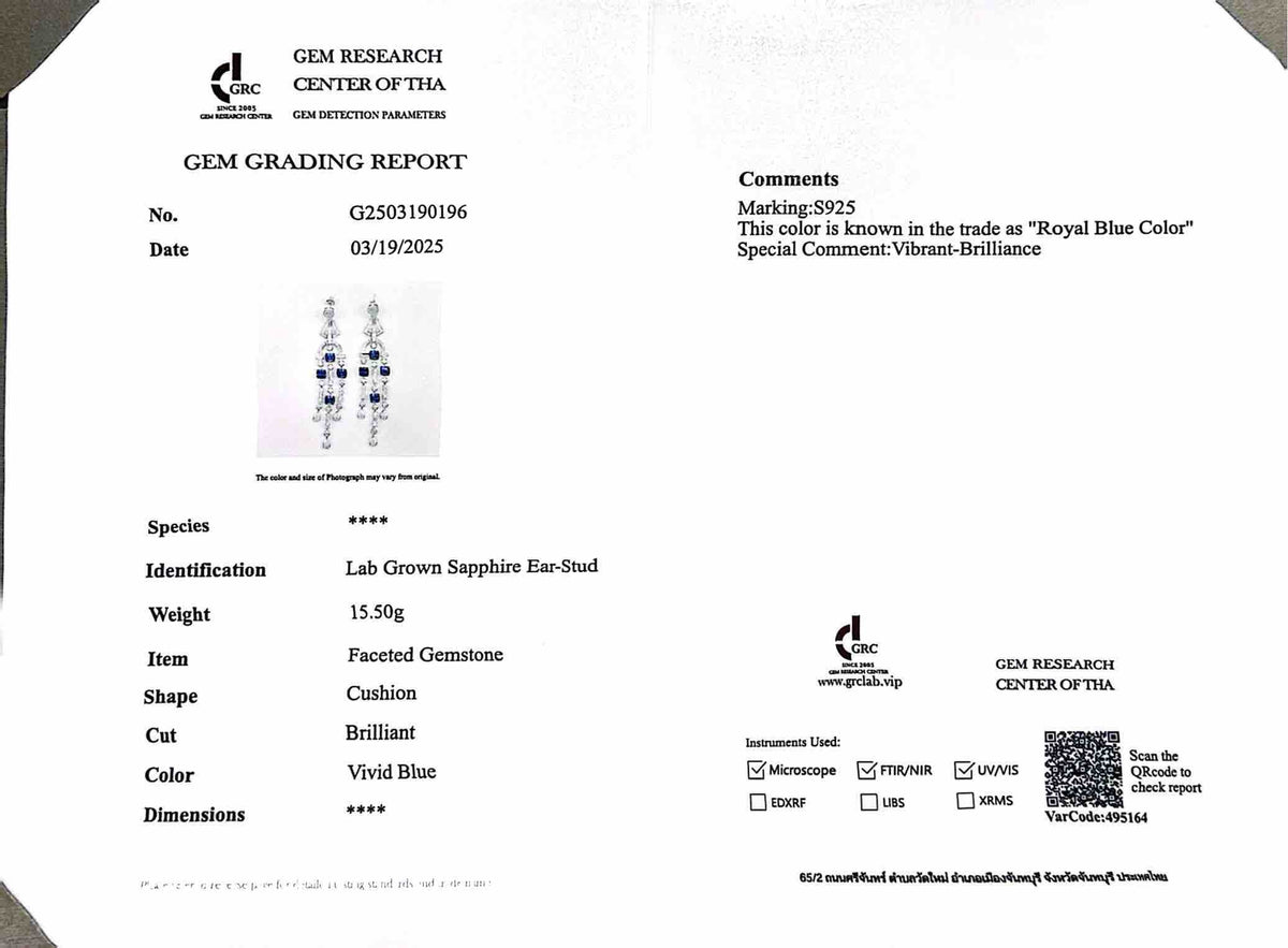 Khadija Lab Grown Sapphire Blue Stones With GRC Certified Drop Earrings in 925 Silver