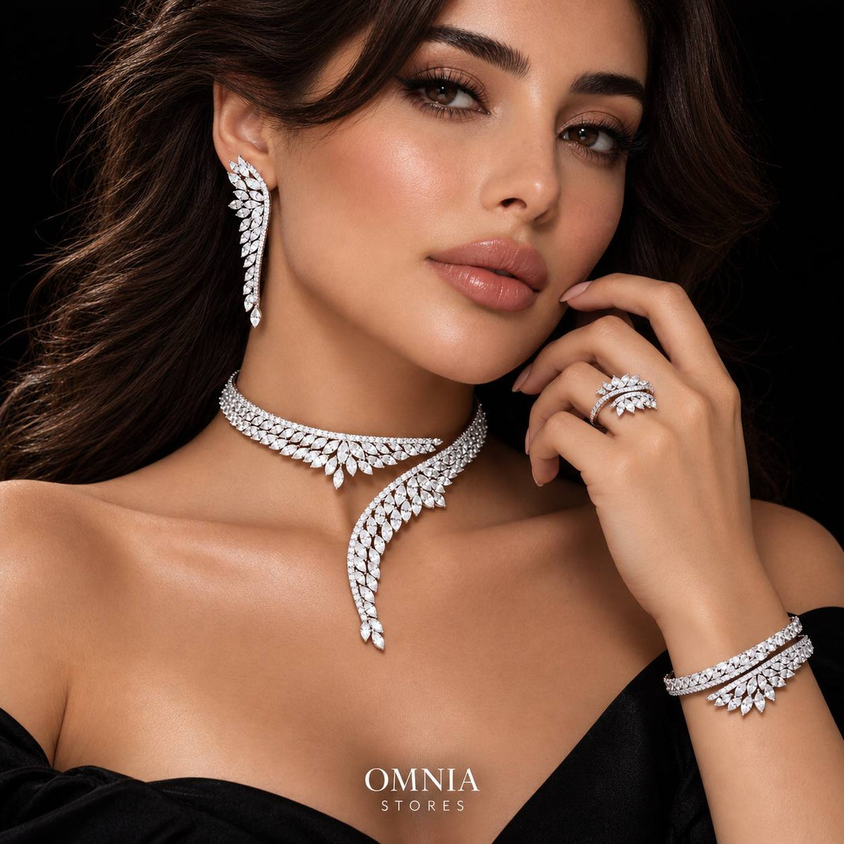 Claire White Bridal Full Set in 925 Silver High Quality Simulated Diamonds on model