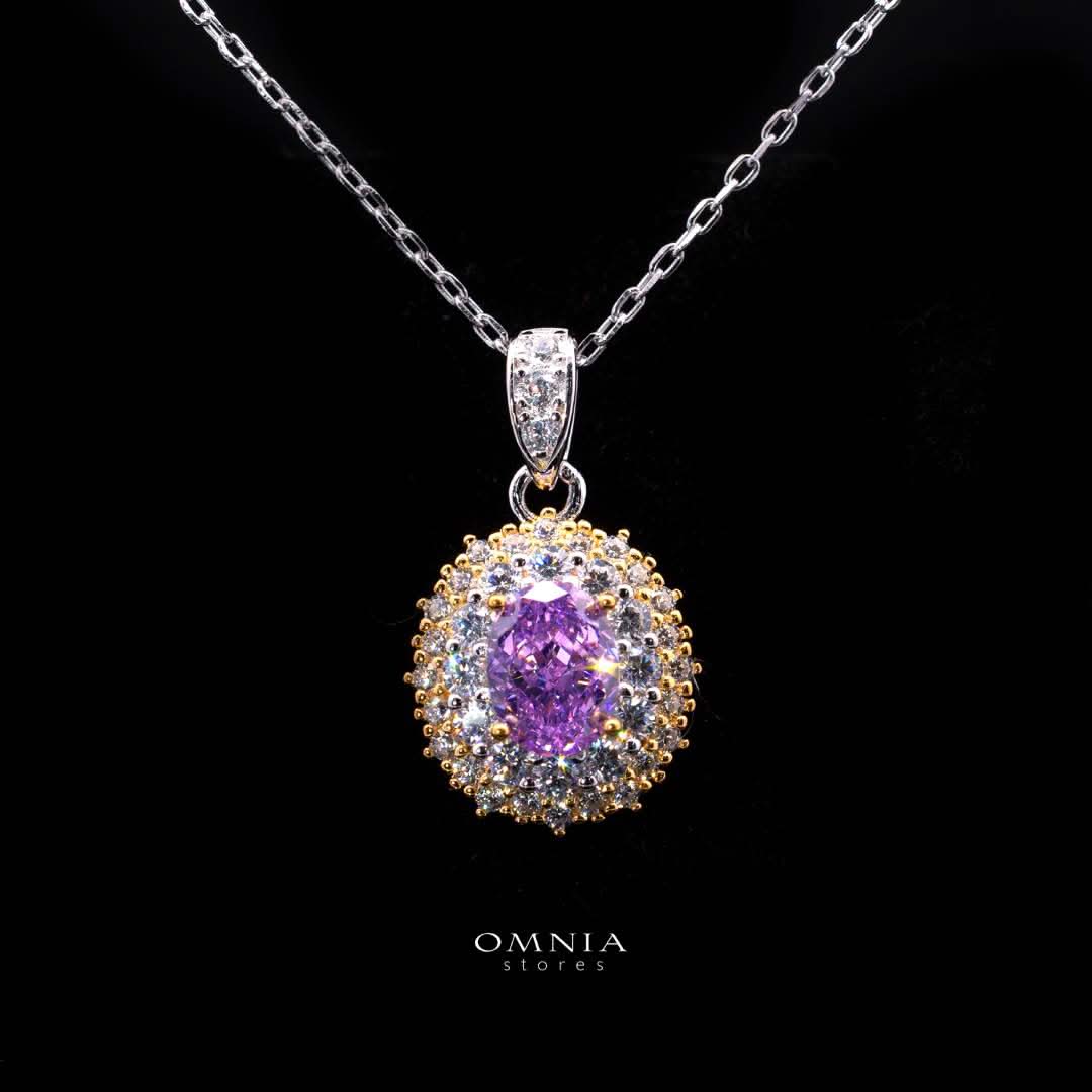 Omnia Faryal Oval Purple Pendant Necklace in 92.5 Silver with High Quality Simulated Diamonds