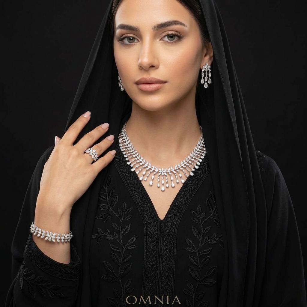 طقم زفاف كامل أمنية فوزية أبيض من الفضة عيار 925 مرصع بألماس مٌحاكَى عالي الجودة