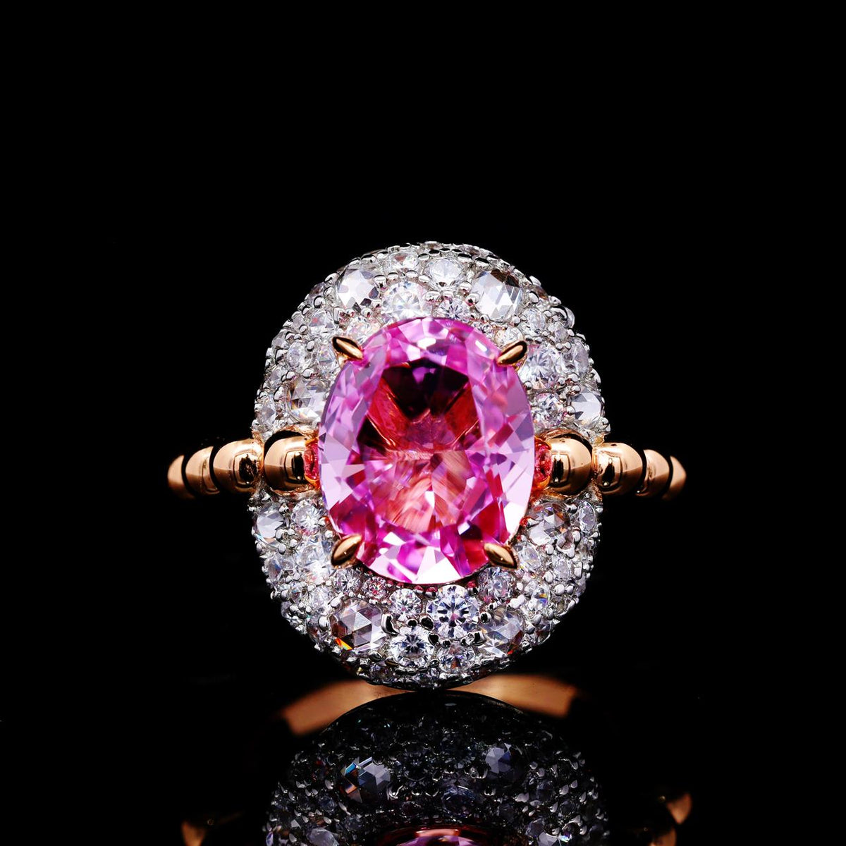 Ghadeer Pink Ring with Certificate | High-Quality Simulated Diamonds in 925 Sterling Silver, Rose Gold Plated