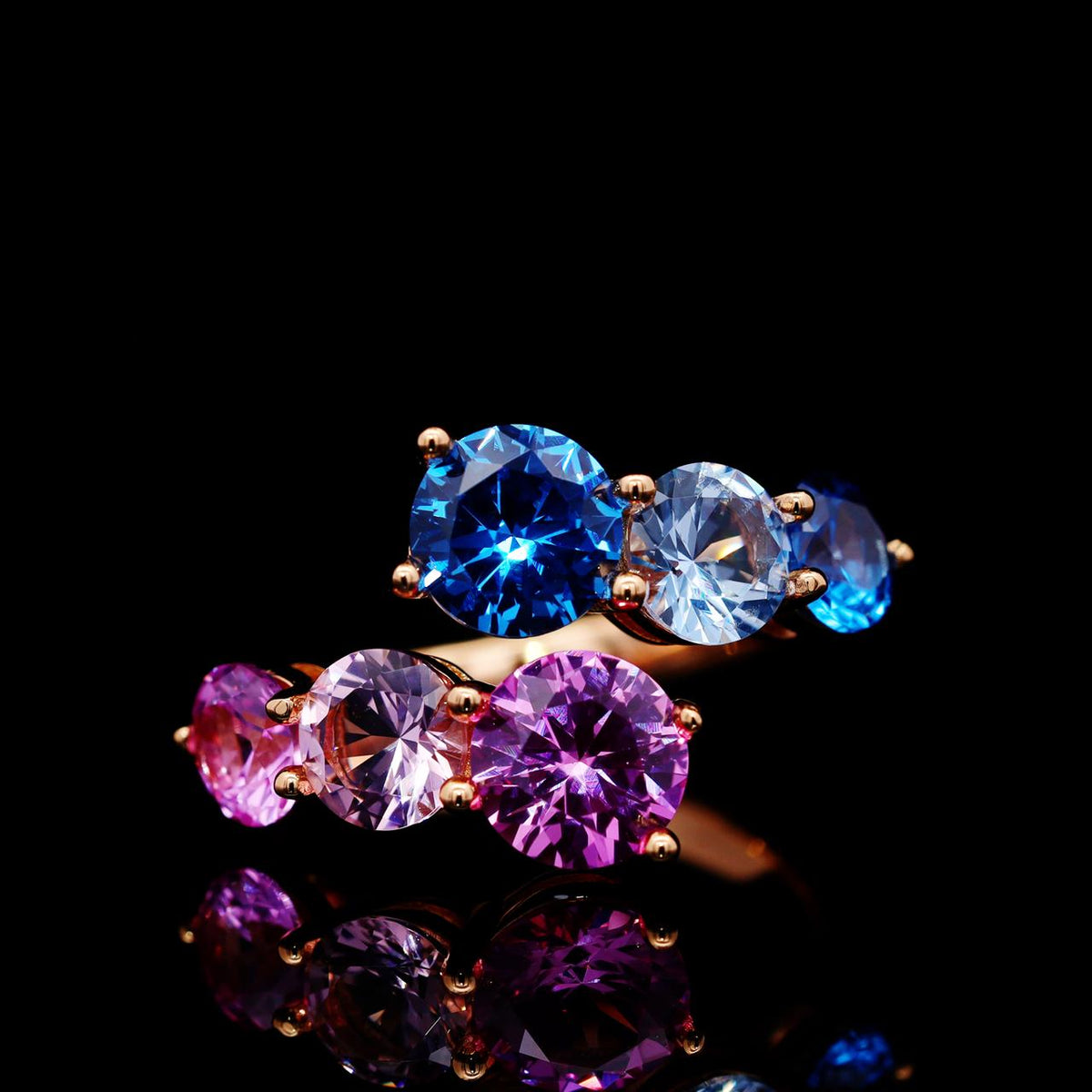 Gillian Pink and Blue Ring with Certificate | High-Quality Simulated Diamonds in 925 Sterling Silver, Rose Gold-Plated