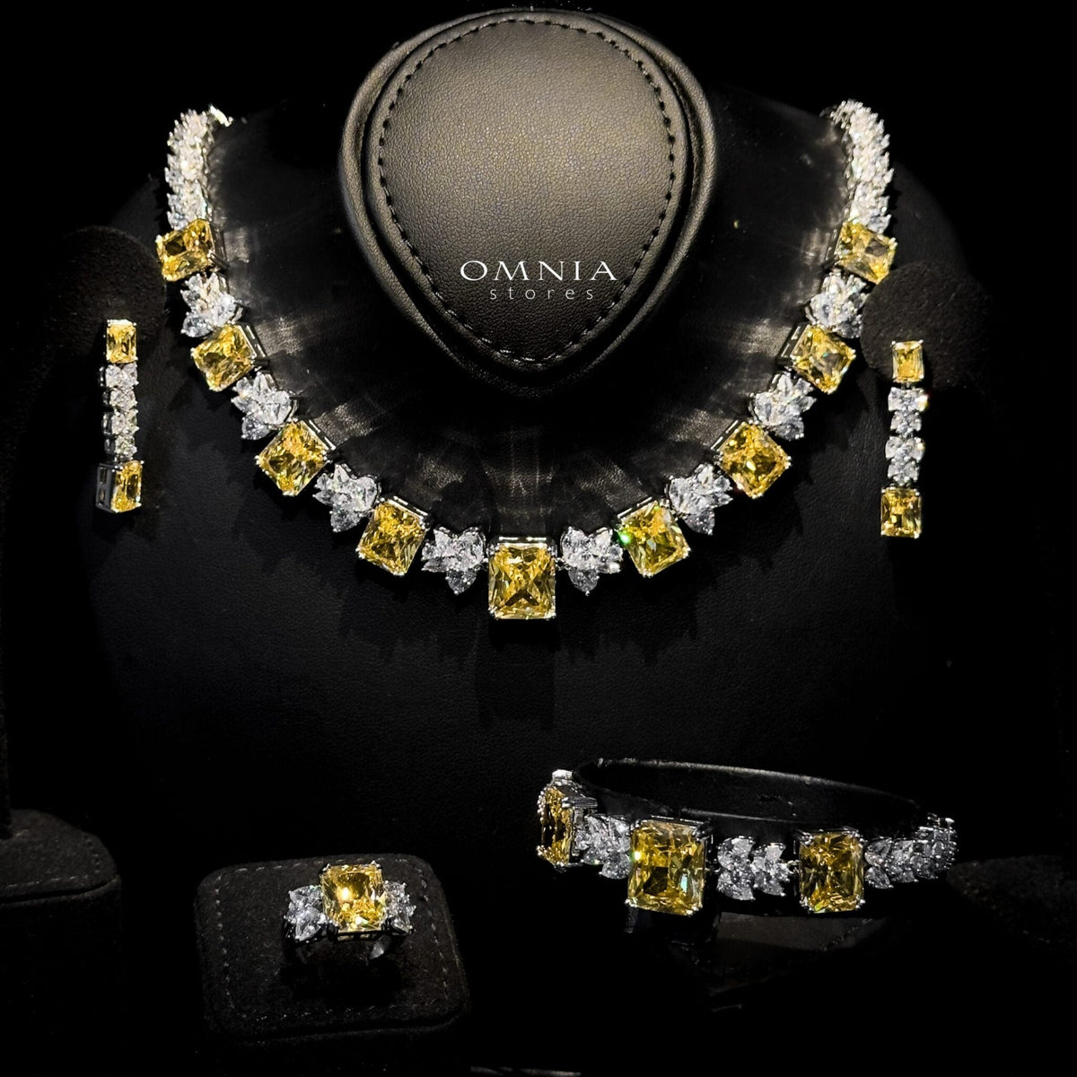Omnia Amelia Yellow Bridal Full Set with Radiant and Pear-Cut High Quality Simulated Diamonds Premium Rhodium Plated - OMNIASTORES UAE