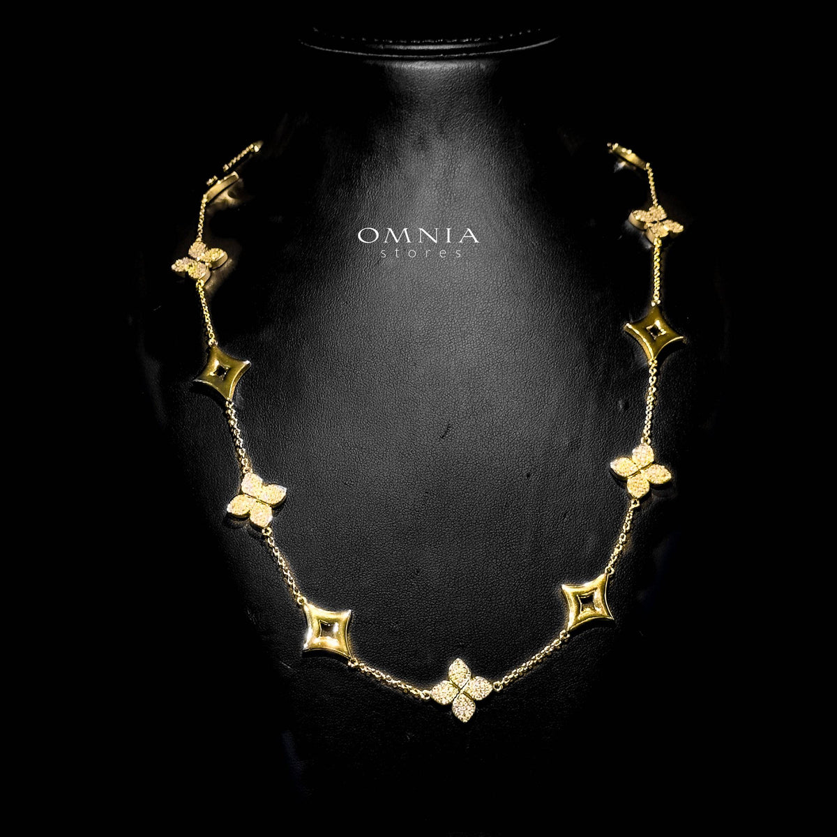 Omnia Golden Clove Long Chain in 100cm with High-Quality Simulated Diamonds Gold Plated