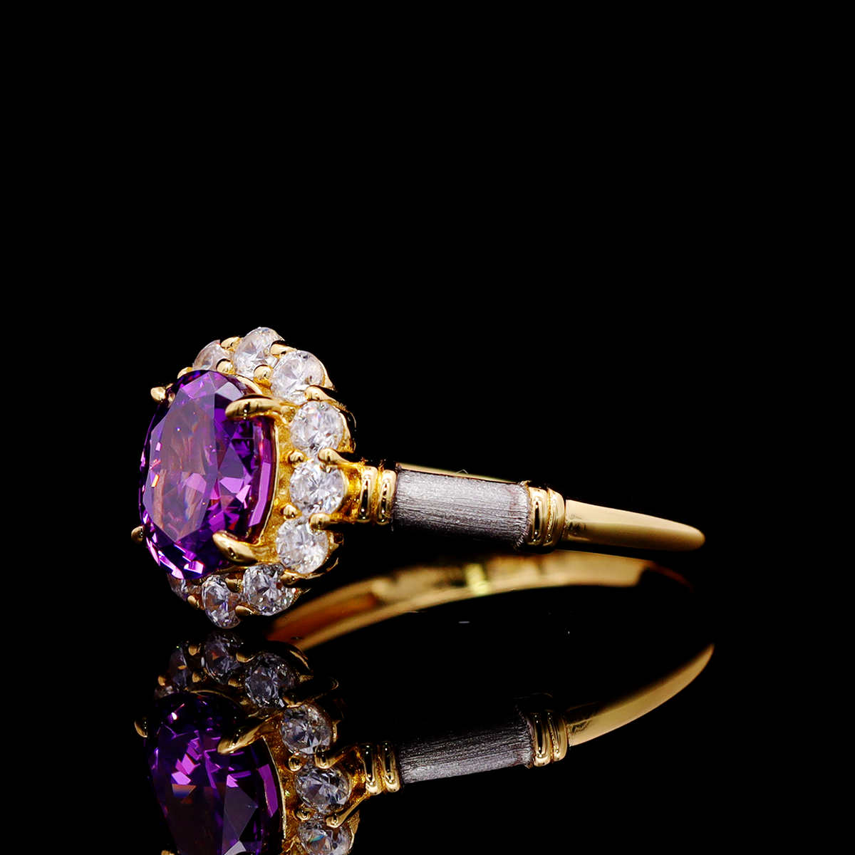 Omnia Amalya Purple Floral Lab-Crafted Stone Ring in Gold-Plated 925 Sterling Silver