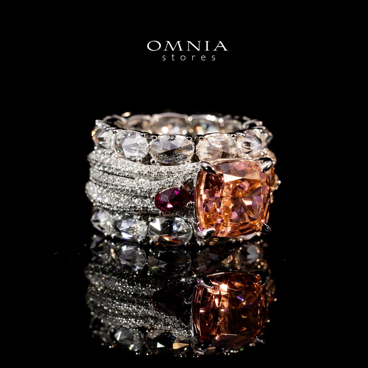 Omnia Kareman White Ring In 925 Silver High Quality Lab Crafted Stones