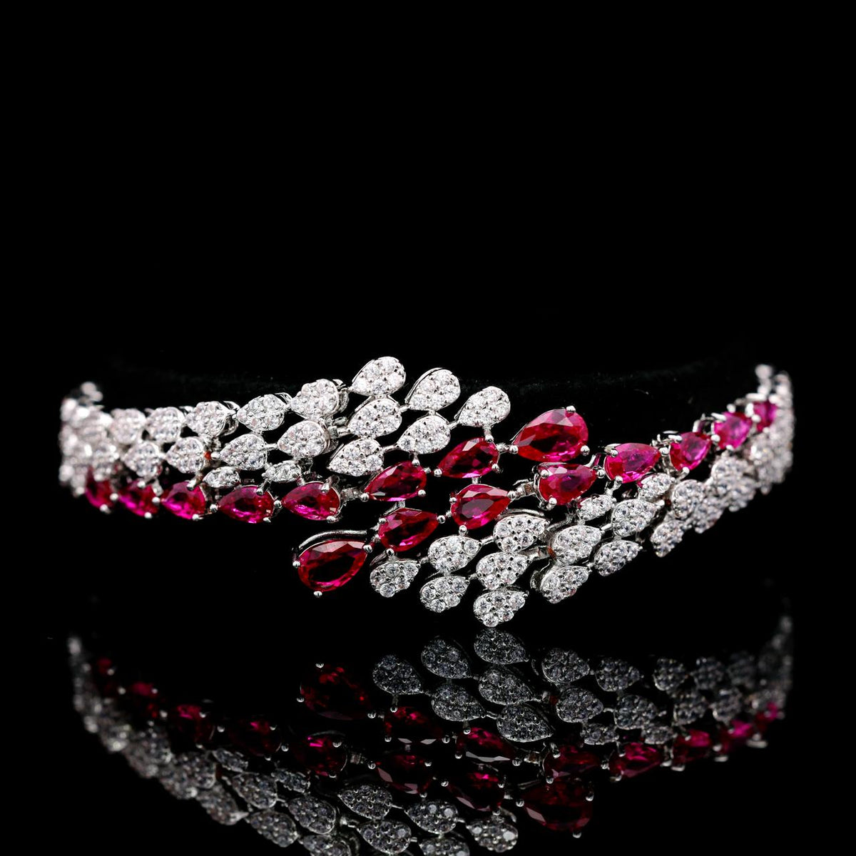 Jasira Red Luxury Bridal Bracelet with High-Quality Zircon Stones, Rhodium-Plated