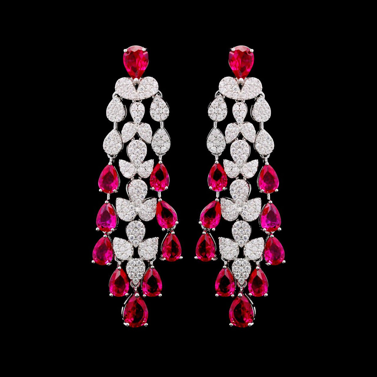 Jasira Red Luxury Bridal Earring with High-Quality Zircon Stones, Rhodium-Plated