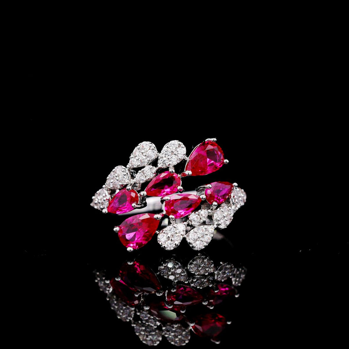 Jasira Red Luxury Bridal Ring with High-Quality Zircon Stones, Rhodium-Plated